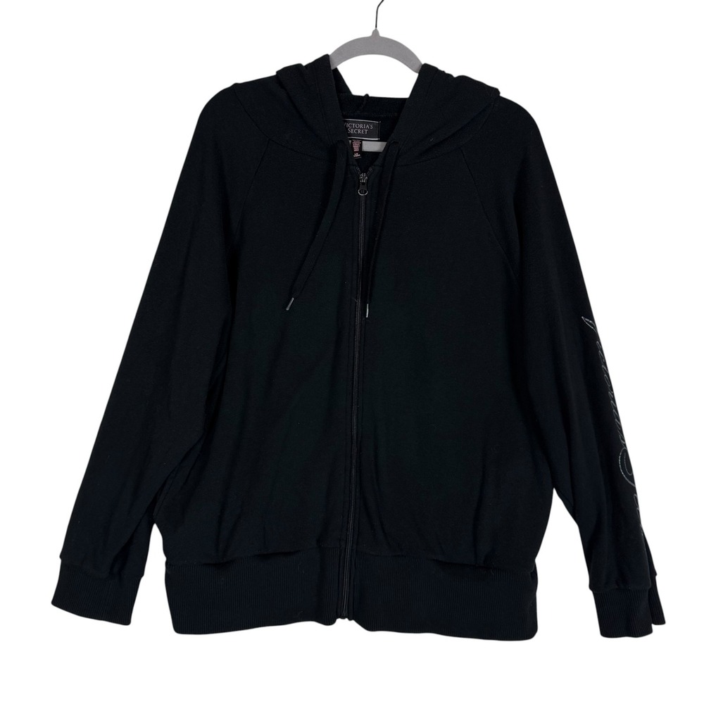 Victoria's Secret Hoodie Womens Large Black Full Zip Fleece Script Logo Sleeve